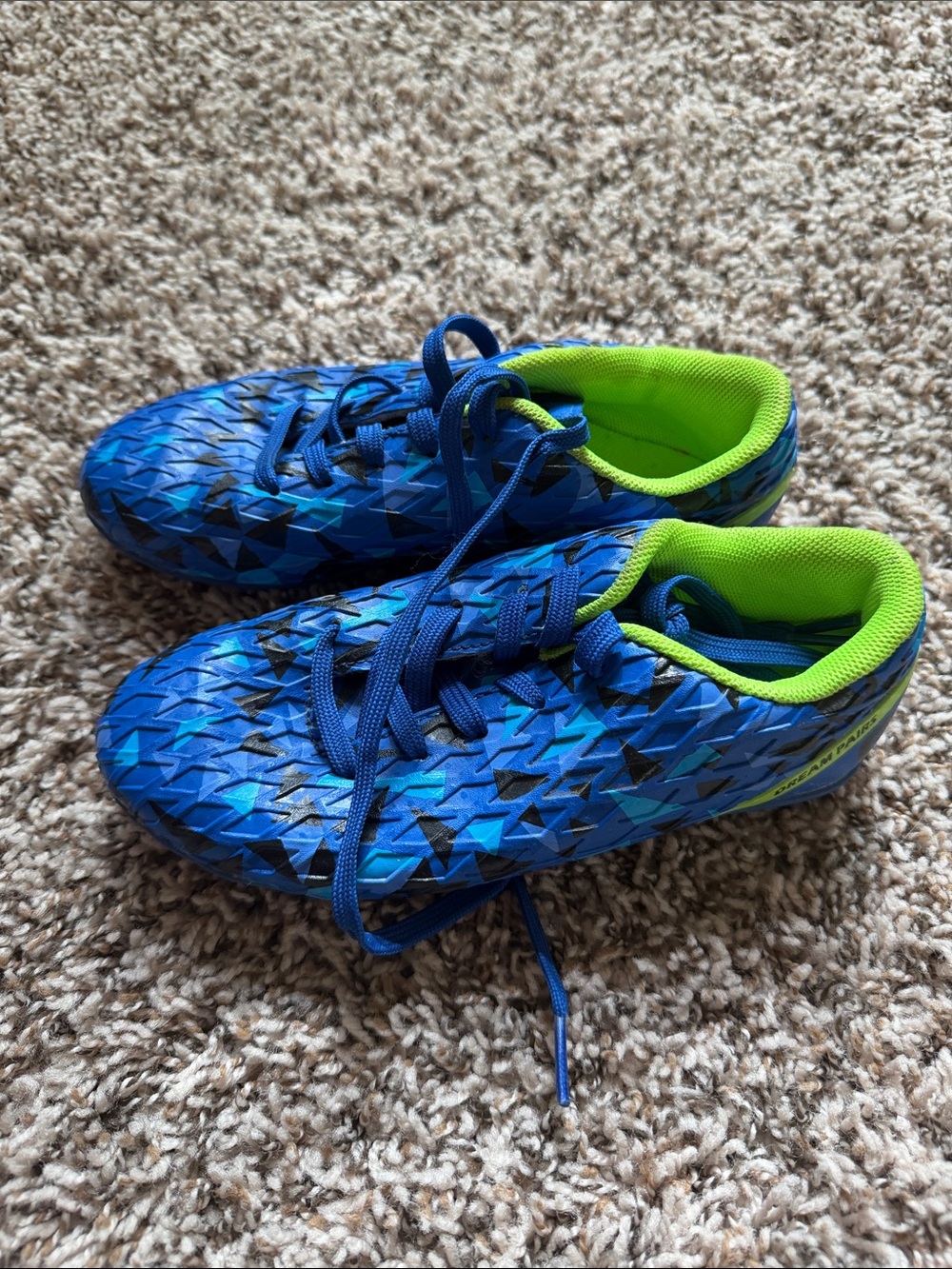 Kids Blue soccer cleats Shoes with Neon Green Lining